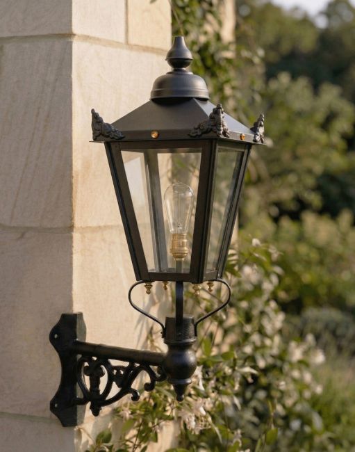 Digital Illustration of the 98 x46cm Victorian Wall Lantern on Corner Bracket Mounted on a Sandstone Brick Building Exterior