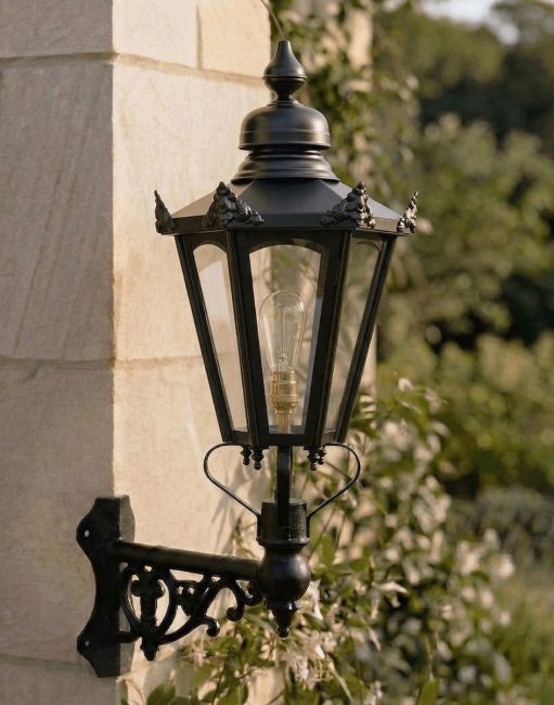 Digital Illustration of the 98 x 46cm Black Hexagonal Wall Lantern on Corner Bracket Mounted on a Garden Wall made from Sandstone Brick 