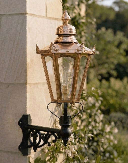 Digital Illustration of the 98 x 46cm Copper Hexagonal Wall Lantern on a Corner Bracket Mounted on a Sandstone Brick Building Wall