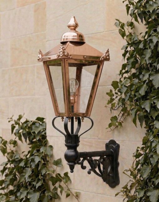 Digital Illustration of the 98 x 46cm Copper Wall Lantern on an Ornate Bracket Mounted on a Limestone Brick Garden Wall 