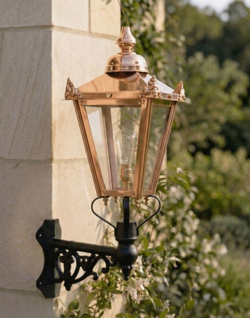 Digital Illustration of the 98 x 46cm Copper Wall Lantern ona Corner Bracket Mounted on a Traditional Sandstone Brick Wall