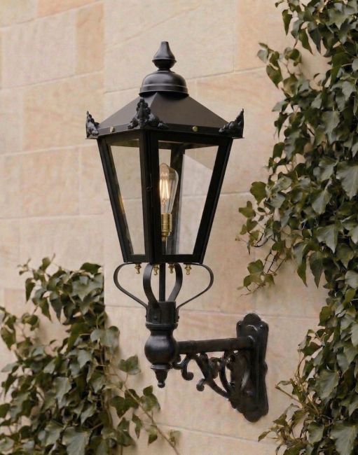 Digital Illustration of the 98 x 46cm Victorian Wall Lantern on an Ornate Bracket Mounted on a Classic Limestone Brick Building Wall