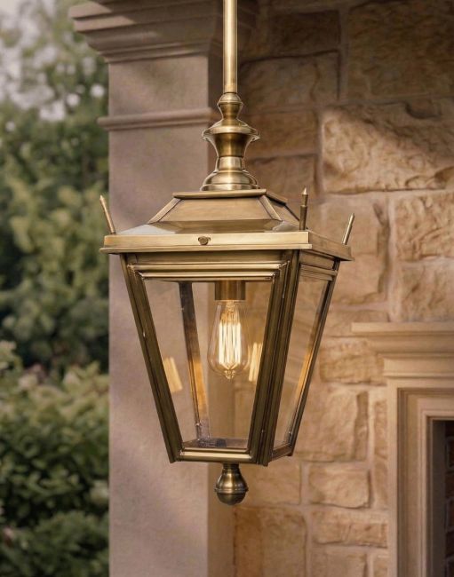 Digital Illustration of the Antique Brass Dorchester Hanging Lantern Suspended Above a Stone Porch