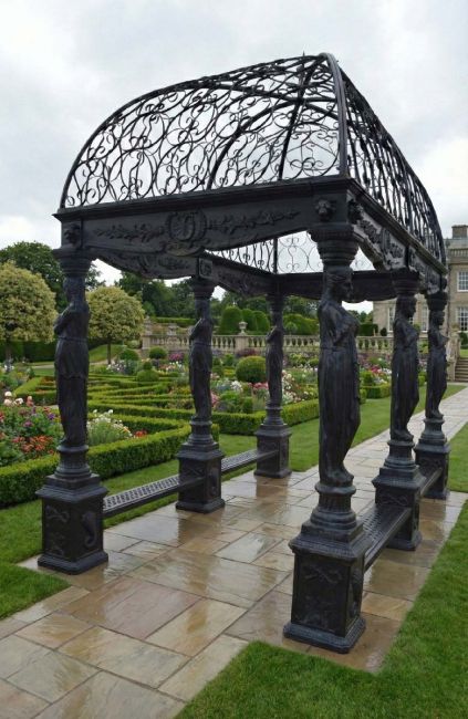 Digital illustration of The "Athenian Goddess" Black Royal Palace Gazebo in a manor garden