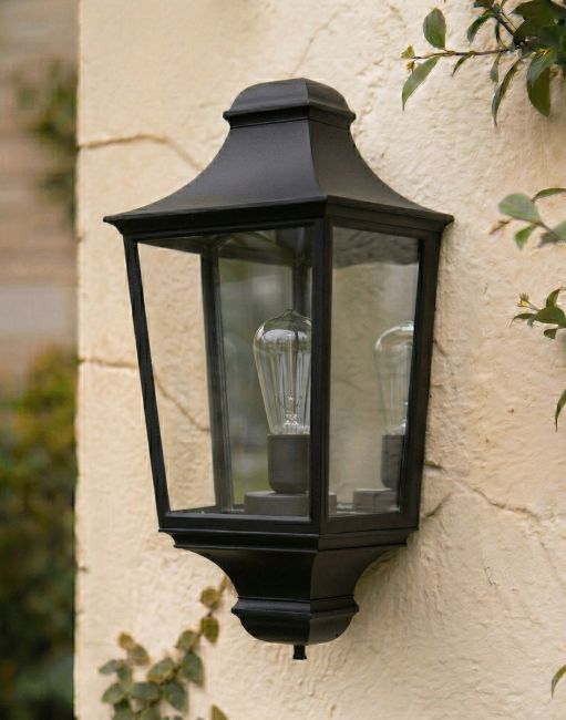Digital Illustration of the Black "Brooksby" Traditional Flush Half Wall Lantern Mounted on a White Coloured Garden Wall