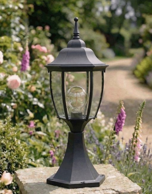 Digital Illustration of the Black "Chloé" Pillar Light Mounted on a Stone Garden Pillar