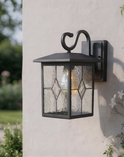 Digital Illustration of the Black "Searchlight" Outdoor Rectangular Top Fix Wall Lantern Mounted on a White Garden wall During the Day