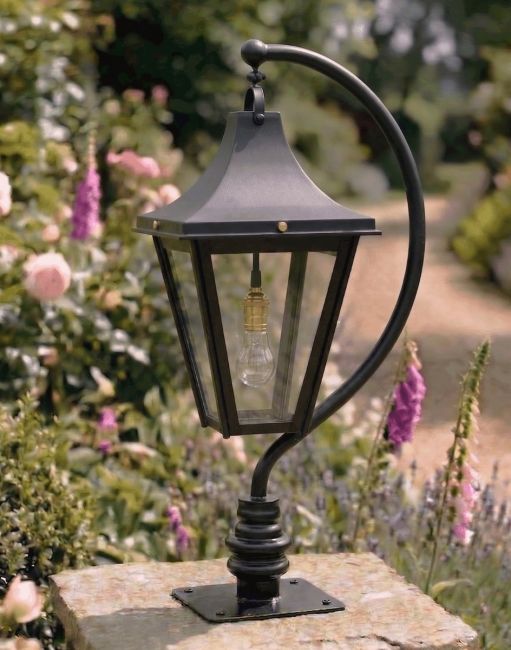 Digital Illustration of the Black 83cm "Lincoln" Swan Neck Pillar & Lantern Mounted on a Stone Garden Pillar