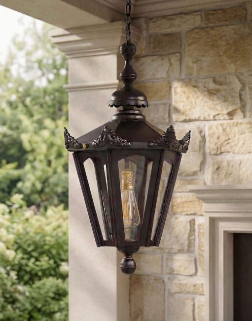 Digital Illustration of the Black Concordia Hexagonal Hanging Garden Lantern Suspended in an Sand Coloured Entranceway