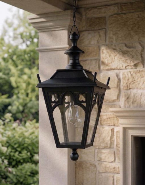 Digital Illustration of the Black Gothic Hanging Garden Chain Lantern. Suspended Above a Decorative Stone Porch