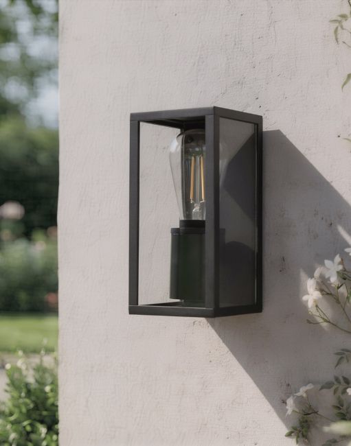 Digital Illustration of the Black Modern Tall Box Wall Light Mounted on a Sunny White Building Wall Digital Illustration of the Black Modern Tall Box Wall Light Mounted on a Sunny White Building Wall