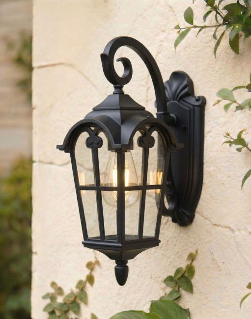 Digital Illustration of the Black Version of the Traditional "Giovanna"Top Fix Outdoor Wall Lantern Mounted on a White Coloured Garden Wall