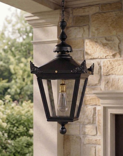 Digital Illustration of the Black Victorian Outdoor Hanging Lantern Suspended Above a Rustic Entranceway Digital Illustration of the Black Victorian Outdoor Hanging Lantern Suspended Above a Rustic Entranceway