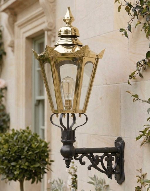 Digital Illustration of the Brass Standard Concordia Hexagonal Lantern On a Capella Bracket Mounted on a Sandstone Brick Property Entrance