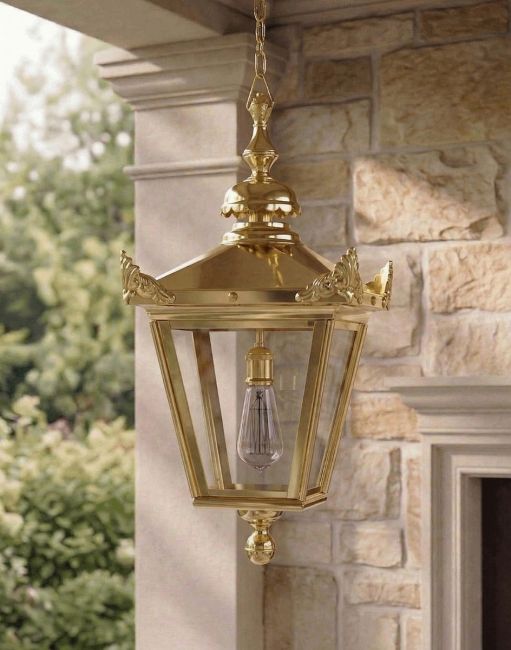 Digital Illustration of the Brass Victorian Chain Lantern Suspended Above a Decorative Stone Porch