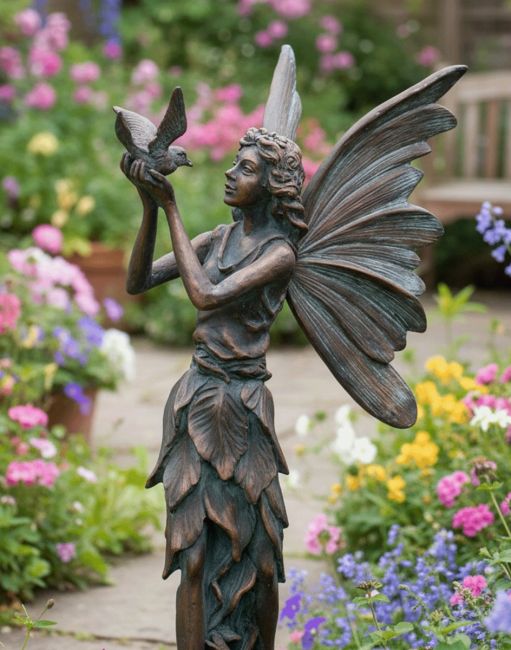 Bronze Effect Standing Fairy and Bird Sculpture Bronze Effect Standing Fairy and Bird Sculpture