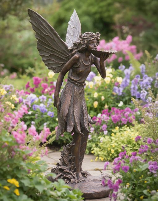 Digital Illustration of the Bronze Effect Standing Fairy Sculpture in a Traditional Flowery Garden Digital Illustration of the Bronze Effect Standing Fairy Sculpture in a Traditional Flowery Garden