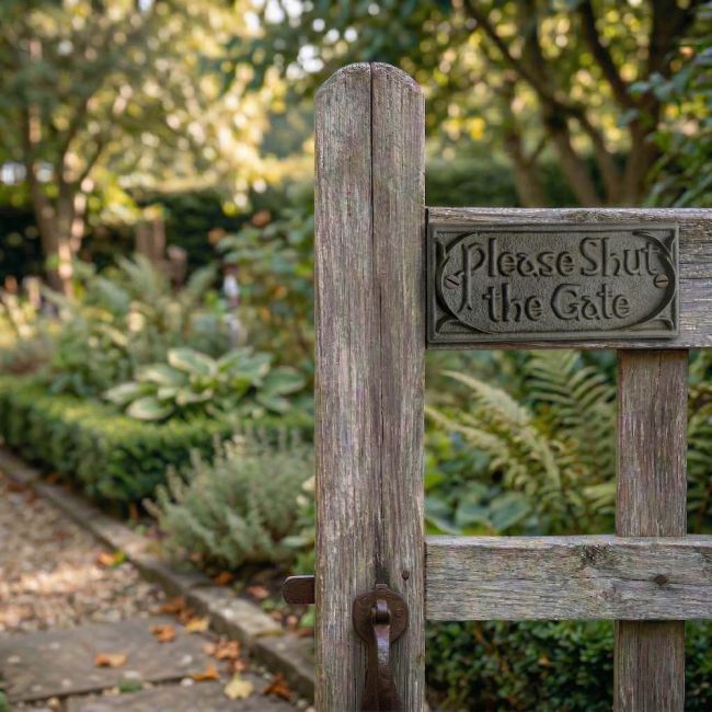 Digital Illustration of the Cast Iron ’please shut the gate’ Sign Mounted on a Rustic Gate