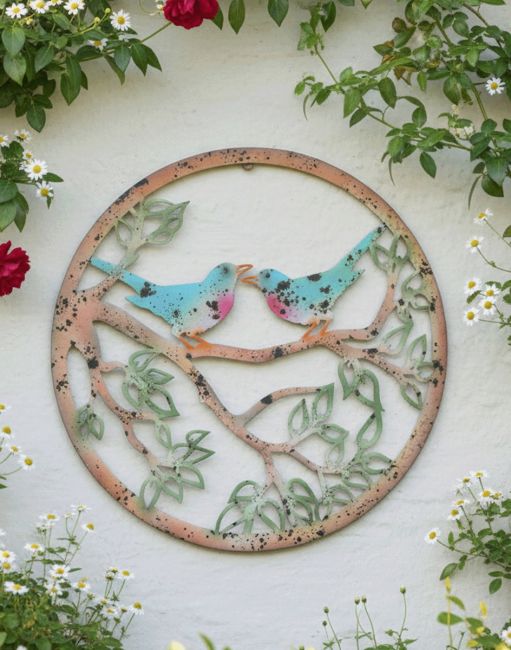 Digital Illustration of the Colourful Birds Garden Wall Art Mounted on a White Garden Wall