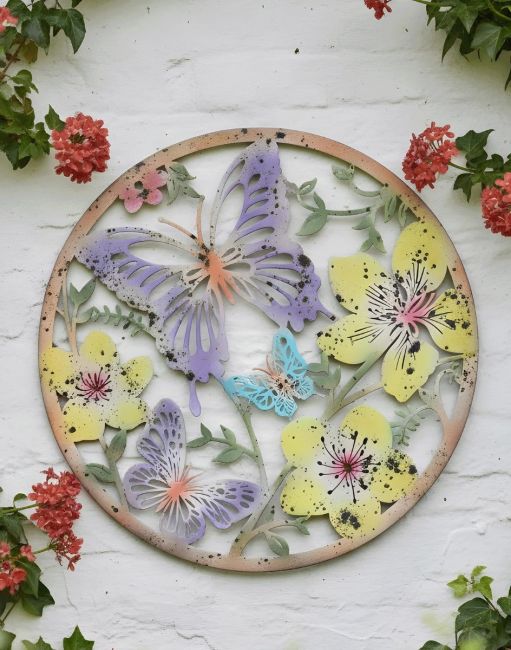 Digital Illustration of the Colourful Butterfly Garden Wall Art Surrounded by Red Flowers on a White Wall