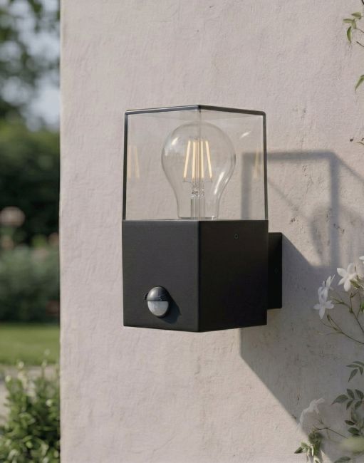 Digital Illustration of the Contemporary Black "Cube" Wall Light Mounted on a White Garden Wall During the Day Digital Illustration of the Contemporary Black "Cube" Wall Light Mounted on a White Garden Wall During the Day