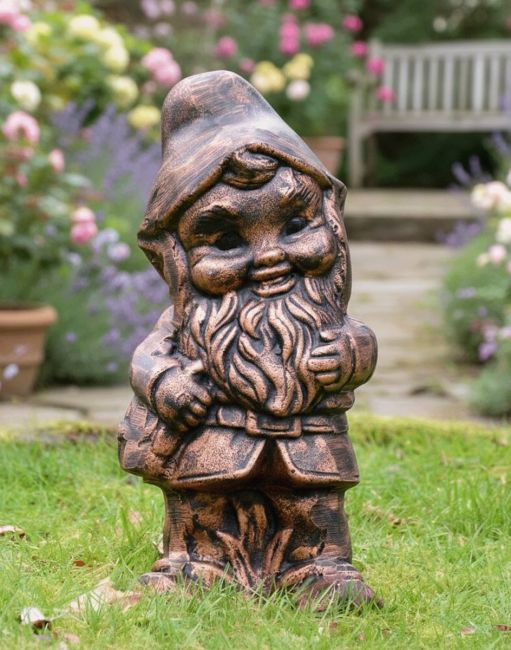 Digital Illustration of the Copper Finished "Hodge’ the Garden Gnome in Cast Aluminium Placed in Front of Flowering Garden Patio
