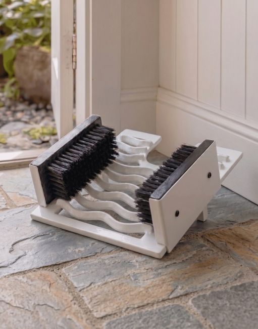 Digital Illustration of the Cream Three in One Boot Jack Boot Brush and Scraper on a Stone Cottage Hallway