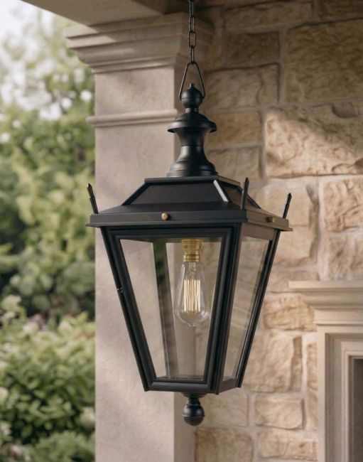 Digital Illustration of the Digital Illustration of the Black Dorchester Hanging Lantern On a Chain Suspended Above a Decorative Stone Porch