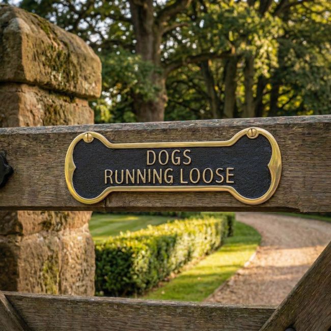Digital Illustration of the Dogs Running Loose Brass Gate Sign Mounted on a Woodland Driveway Gate 