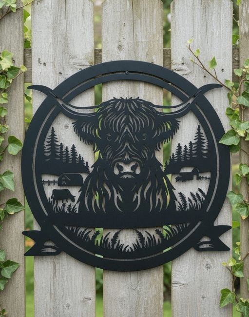 Highland Cow Profile Garden Wall Art on brick wall