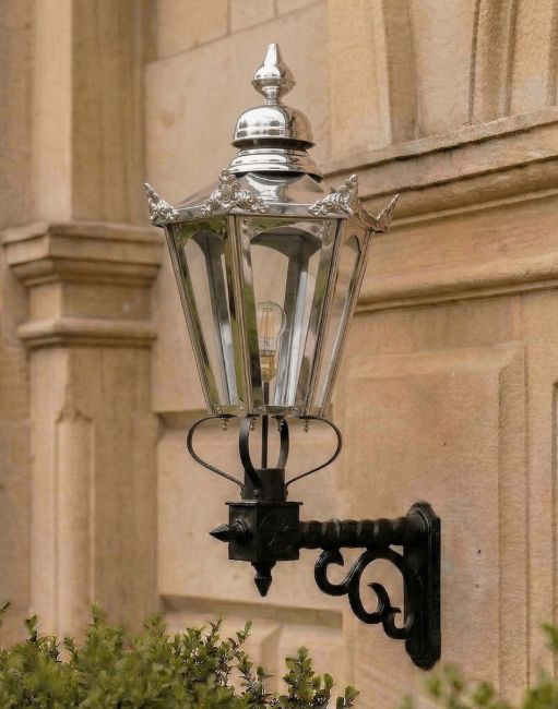 Digital Illustration of the Large Polished Nickel Concordia Hexagonal Lantern On a Royale Bracket Mounted on a Grand Entranceway Wall