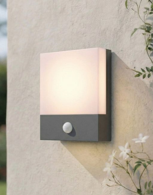 Digital Illustration of the "Melbury" Garden Wall Light with Sensor Mounted on a White Coloured Garden Wall