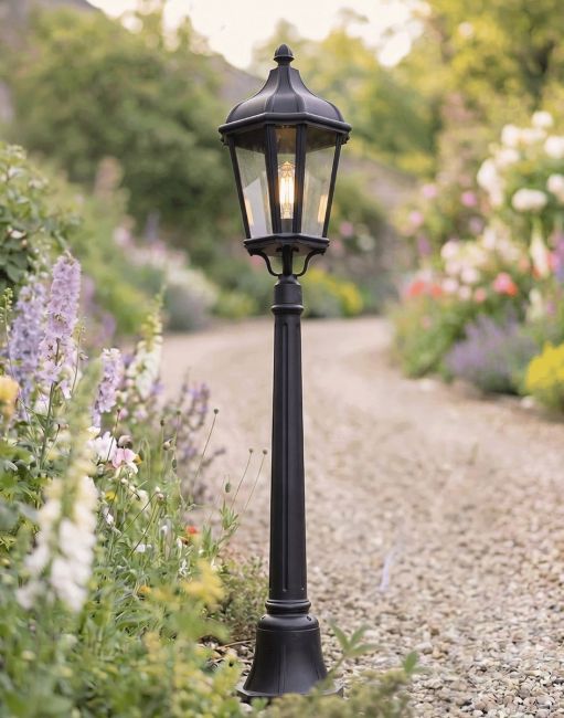 Digital Illustration of the Miniature "The Grange" Hexagonal Pillar Light Positioned on a Gravel Driveway Entrance