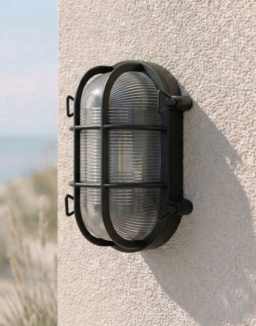 Digital Illustration of the "Newhaven" Nautical Bulkhead Wall Light Mounted on a Cream Coloured Garden Wall