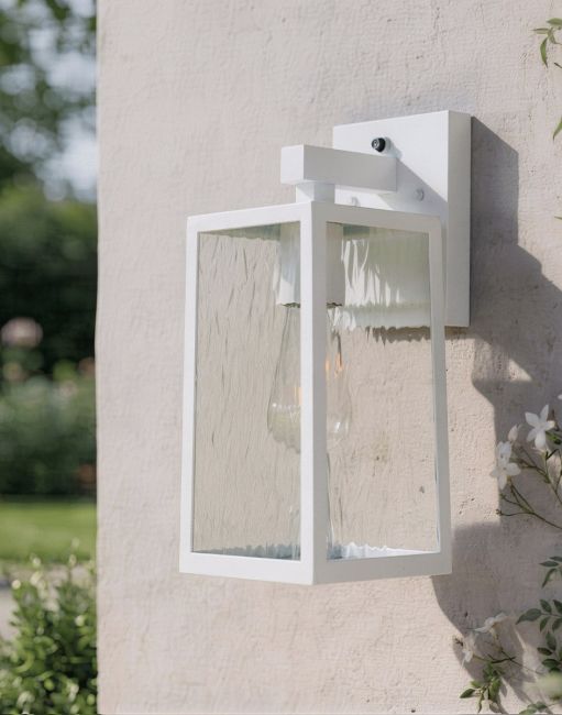 Digital Illustration of the Oakley White Top Fix Wall Light Mounted on the Outside Wall of a White House