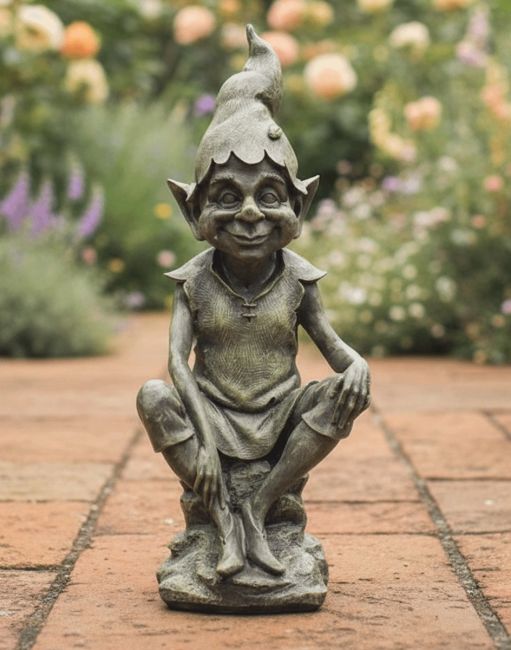 Digital Illustration of the Perching Pixie Resin Garden Statue on a Light Red Patio Garden Walkway