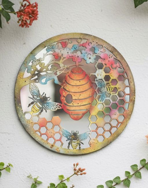 Digital Illustration of the Rustic Bee Hive Mirrored Garden Wall Art on a Traditional White Garden wall