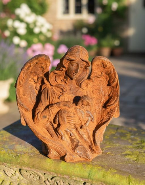 Rustic Cast Iron "Arched Angel" with Lamb Garden Sculpture Rustic Cast Iron "Arched Angel" with Lamb Garden Sculpture