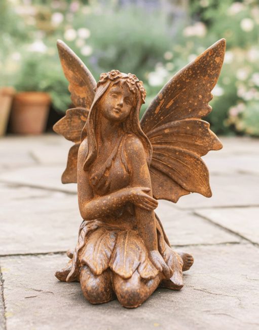 Rustic Cast Iron "Sitting Angel" Garden Sculpture