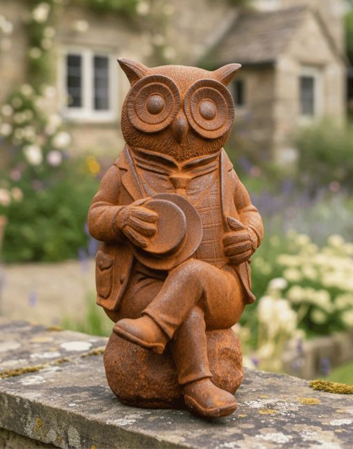 Digital Illustration of the Rustic Cast Iron "Suited & Booted" Owl Garden Sculpture Placed on a Garden Wall with Flowery Garden Behind Digital Illustration of the Rustic Cast Iron "Suited & Booted" Owl Garden Sculpture Placed on a Garden Wall with Flowery Garden Behind
