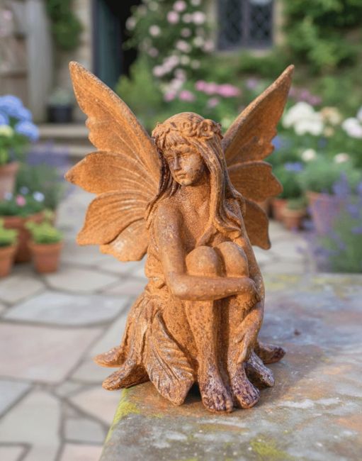 Digital Illustration of the Rustic Cast Iron "Winged Fairy" Garden Sculpture Placed on a Garden Wall
