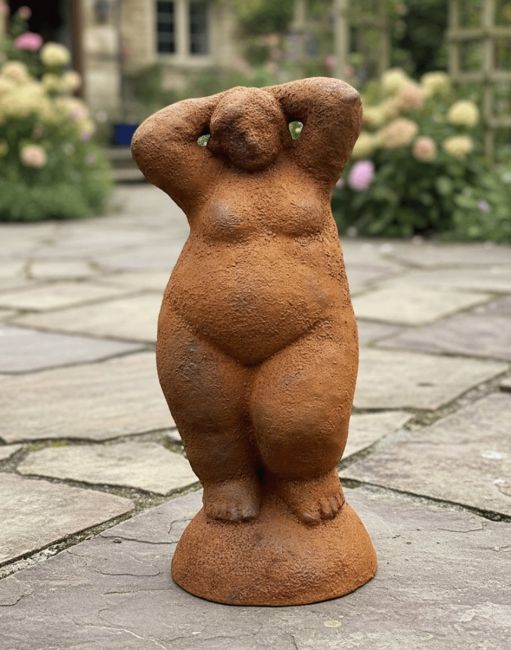 Digital Illustration of the Rustic Cast Iron "Evangeline" Sculpture on a Garden Patio with Hydrangeas in the Background