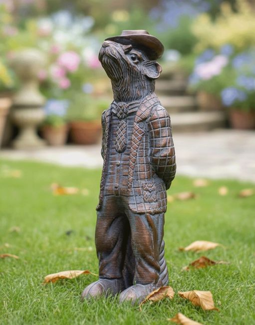Digital Illustration of the Small Version of ‘The Hearthland Squire’ Resin Garden Sculpture on an Autumnal Garden Lawn