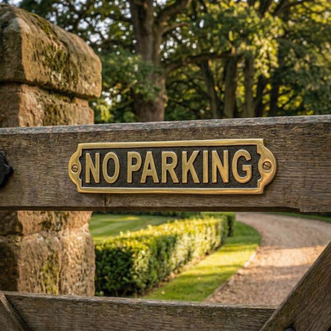 Digital Illustration of the Solid Brass "No Parking" Information Sign Mounted on a Wooden Driveway Gate in the Countryside