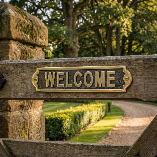 Digital Illustration of the Solid Brass "Welcome" Sign Mounted on a Wooden Fence on a Front Garden Driveway