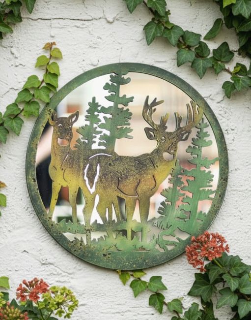 Stag in pine forrest mirrored garden wall art