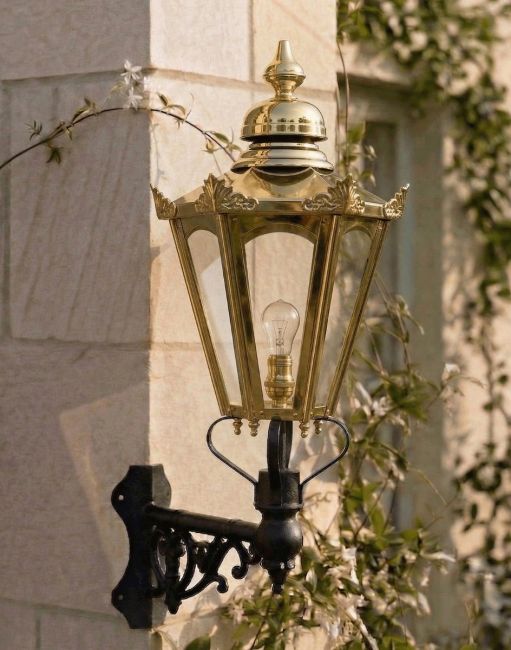 Digital Illustration of the Standard Brass Concordia Hexagonal Lantern With a Corner Bracket Mounted on a Sandstone Brick Wall