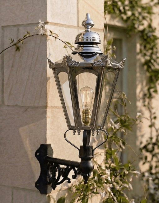 Digital Illustration of the Standard Concordia Hexagonal Polished Nickel Lantern Mounted on a Traditional Sandstone Brick Wall