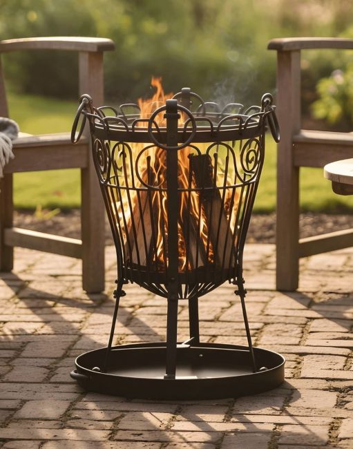 Digital Illustration of the Standard Lincoln Brazier Fully Lit in Front of Garden Furniture on a Sunny Garden Patio