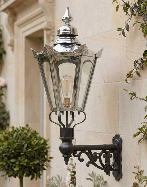 Digital Illustration of the Standard Size Polished Nickel Concorida Hexagonal Lantern On a Capella Bracket Mounted on a Period Property Porch Entrance